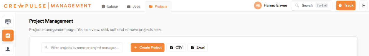 The main Project Management page in CrewPulse, with a filter bar and a Create Project button.